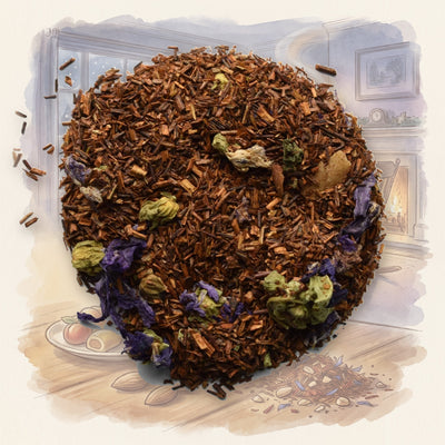 Almond Rocker loose leaf tea, shown over a chalk-and-watercolour illustration