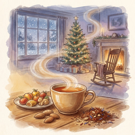 Illustration: Almond Rocker with a family parlour on a snowy Christmas morning in the 1950s