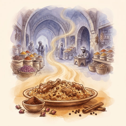 Illustration: Baharat with a vaulted spice souk in 13th-century Aleppo