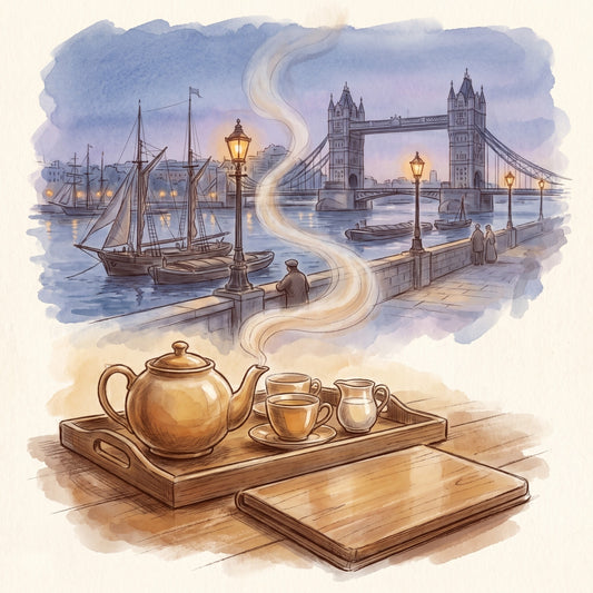 Illustration: Loose Leaf Black Tea Set: 5 Classics, a tea tray by the Thames, Tower Bridge beyond