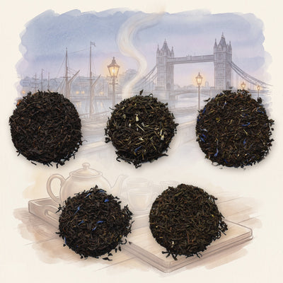 Loose Leaf Black Tea Set: 5 Classics: Bourbon Street Vanilla, Breakfast In Paris, Buckingham Palace Garden Party, Cream of Earl Grey and London Calling, shown over a chalk-and-watercolour illustration
