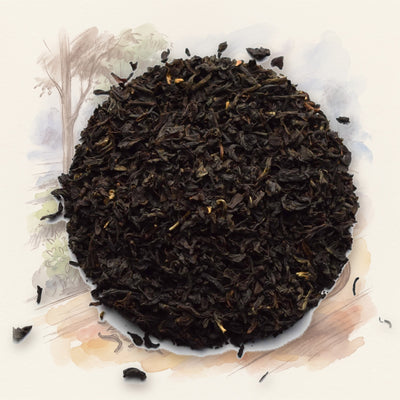 Borengajuli, 2nd Flush loose leaf tea, shown over a chalk-and-watercolour illustration