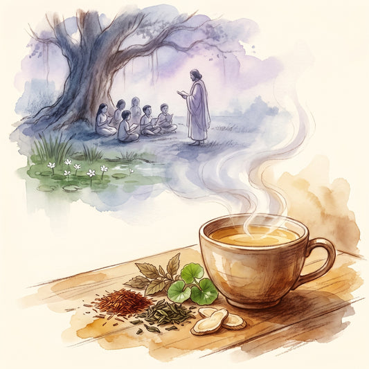 Illustration: Buddha’s Zen Blend with a forest school in ancient India, as the lore tells it