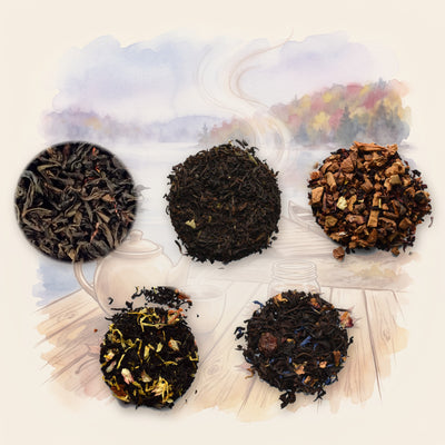 Canadian Flavours Tea Set: Maple, Icewine & Bella Coola: Smoked Maple Oolong, Organic, Icewine, Bella Coola, Maple Peach and Maple, Eh! Organic, shown over a chalk-and-watercolour illustration