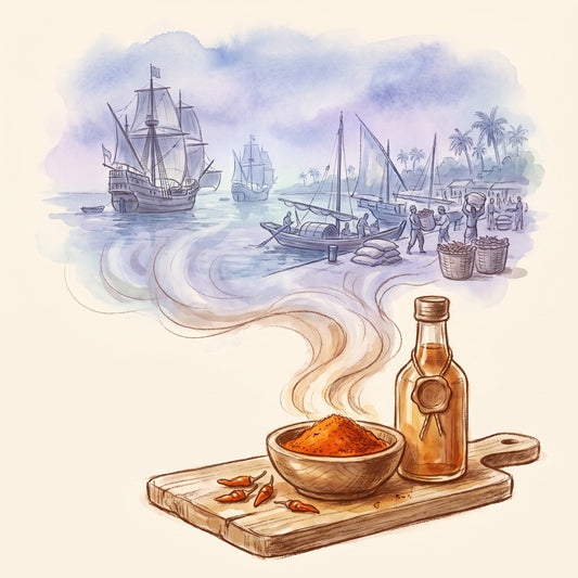 Illustration: Cayenne Pepper, Hot with the harbour of Malacca in the 16th century