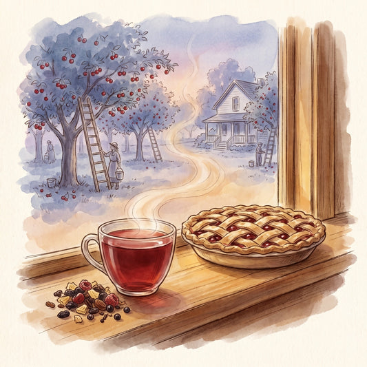 Illustration: She's My Cherry Pie with a cherry orchard of long ago in early summer