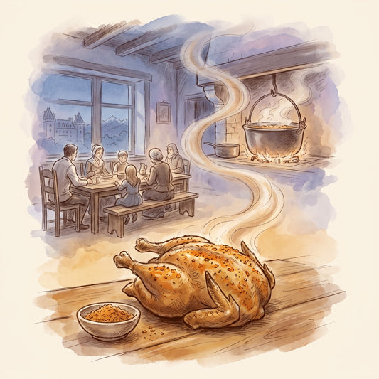 Illustration: Chicken Rub Blend with a farmhouse kitchen in Béarn around 1600