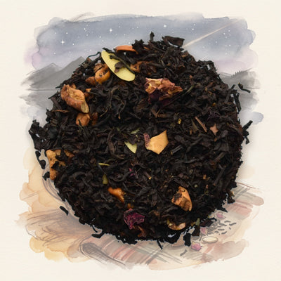 Choconut Truffle loose leaf tea, shown over a chalk-and-watercolour illustration