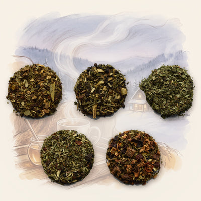 Cold Season Tea Set: 5 Herbal Teas for Colds & Congestion: Ayurvedic Breathe Deep, Ayurvedic Ginger Lemon, Peppermint, Organic, Echinacea Immune Boost and Tulsi Multi, shown over a chalk-and-watercolour illustration