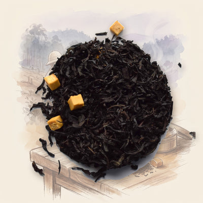 English Toffee loose leaf tea, shown over a chalk-and-watercolour illustration