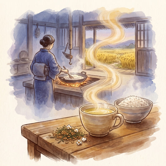 Illustration: Genmaicha, Organic with a Japanese farmhouse kitchen of long ago