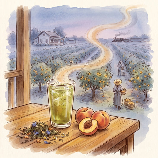 Illustration: Georgia Peaches, Organic with a Georgia peach orchard in July in the 1870s