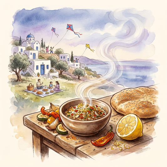 Illustration: Greek Seasoning with a Greek island hillside on Clean Monday
