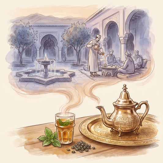 Illustration: Gunpowder, Organic with a Marrakech riad courtyard at dusk