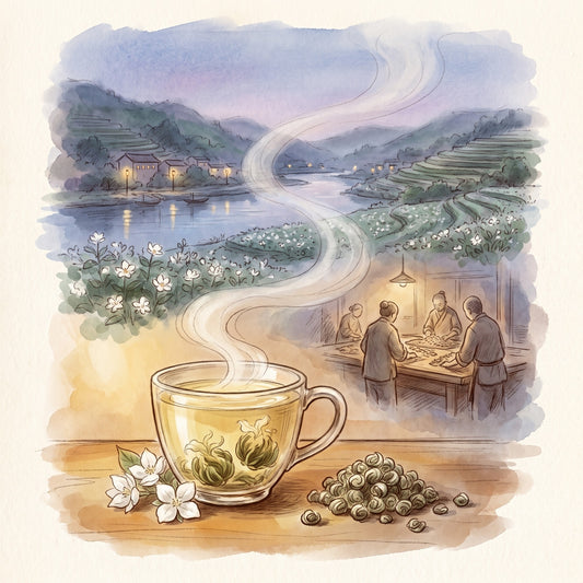 Illustration: Jasmine Dragon Pearls, Organic with Fuzhou on the Min River on a summer night
