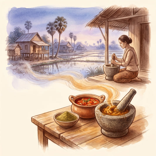 Illustration: Kaffir Lime Leaf, Ground with a Khmer village in Cambodia