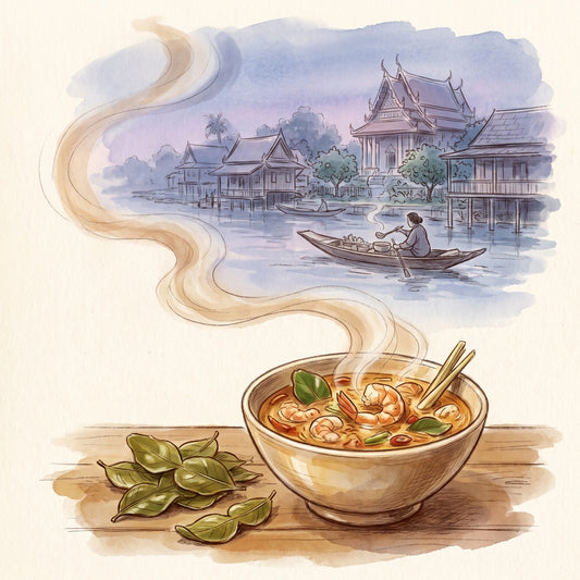 Illustration: Kaffir Lime Leaf, Whole with a riverside community on Thailand's Central Plains