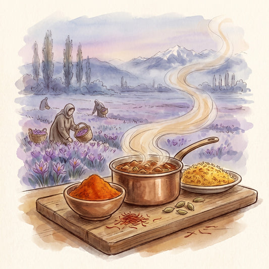 Illustration: Kashmiri Saffron Curry with Pampore in the Kashmir Valley in late October