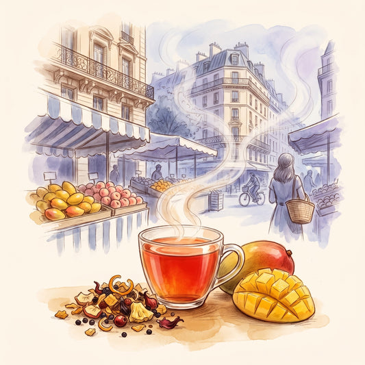 Illustration: The Last Mango In Paris with a Paris street market on a summer morning