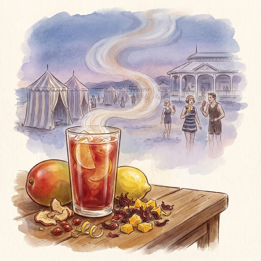 Illustration: Lemon Mango Punch with a seaside amusement park on San Francisco Bay in 1922