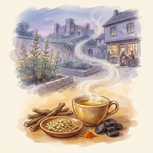 Illustration: Licorice Root, Organic with Pontefract in Yorkshire long ago