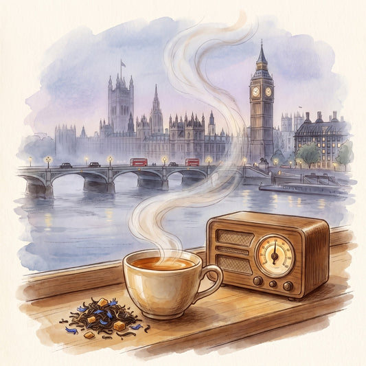 Illustration: London Calling with London in the 1940s at dusk