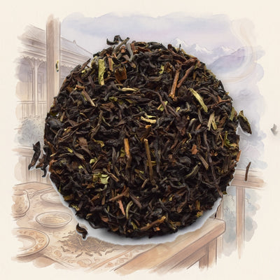 Margaret's Hope Estate, 2nd Flush (Darjeeling) loose leaf tea, shown over a chalk-and-watercolour illustration