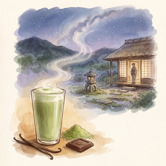 Illustration: Milky Way Matcha, Organic with a Japanese tea garden on a summer night