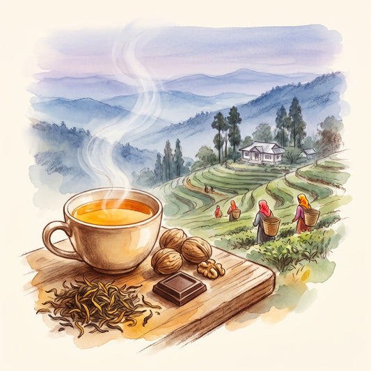 Illustration: Mim Estate, 2nd Flush (Darjeeling) with the Mim tea garden near Sukhiapokhri in the Darjeeling hills in early summer
