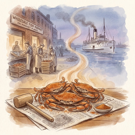 Illustration: Old Bay Spice Blend with the Baltimore waterfront in the 1940s