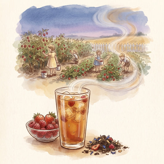 Illustration: Oolong Berry Blend with a family berry patch in July long ago