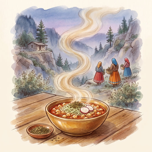 Illustration: Oregano, Mexican with the canyons of the Sierra Madre in northwest Mexico
