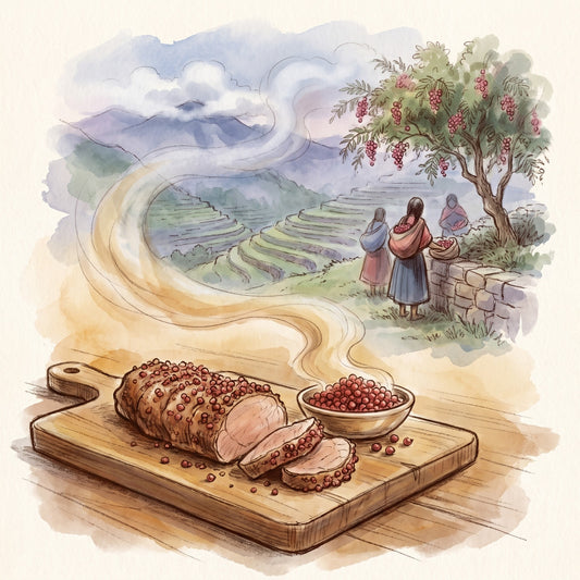 Illustration: Peppercorns, Pink with the Andes of Peru in Inca times