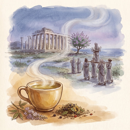 Illustration: PMS Tea, Organic with the sanctuary of Hera on ancient Samos