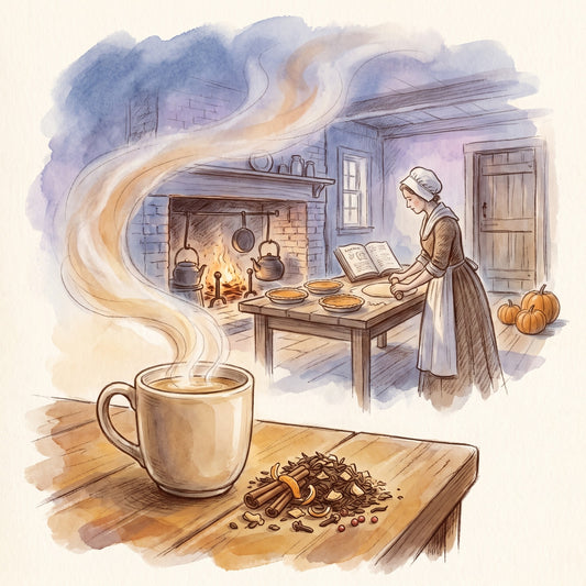 Illustration: Pumpkin Spice Chai with a Connecticut farmhouse kitchen in the 1790s
