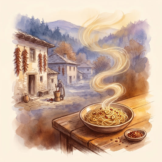 Illustration: Red Chile Flakes with the village of Bukovo near Bitola in North Macedonia in autumn
