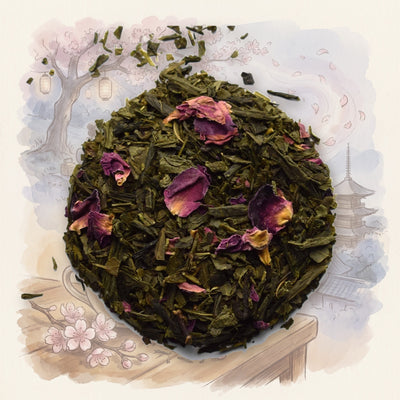 Sakura Cherry Blossom, Organic loose leaf tea, shown over a chalk-and-watercolour illustration