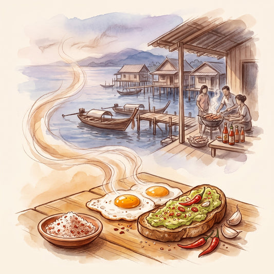 Illustration: Sriracha Sea Salt with the seaside town of Si Racha on the Gulf of Thailand in the 1930s