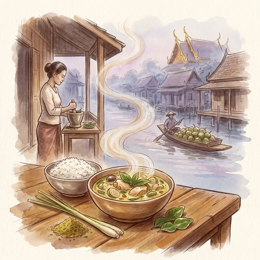 Illustration: Thai Green Curry Powder with a Bangkok canal in the early 1900s