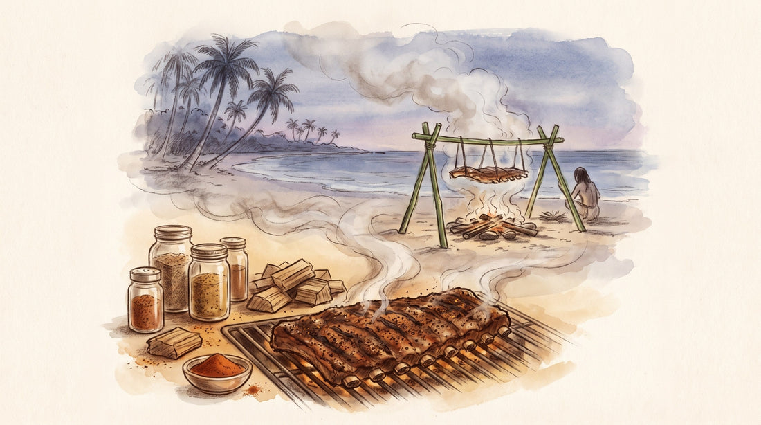 Illustration: A rack of ribs rubbed with dark spice on a smoker grate, jars of dry rub and a pile of hickory wood beside it