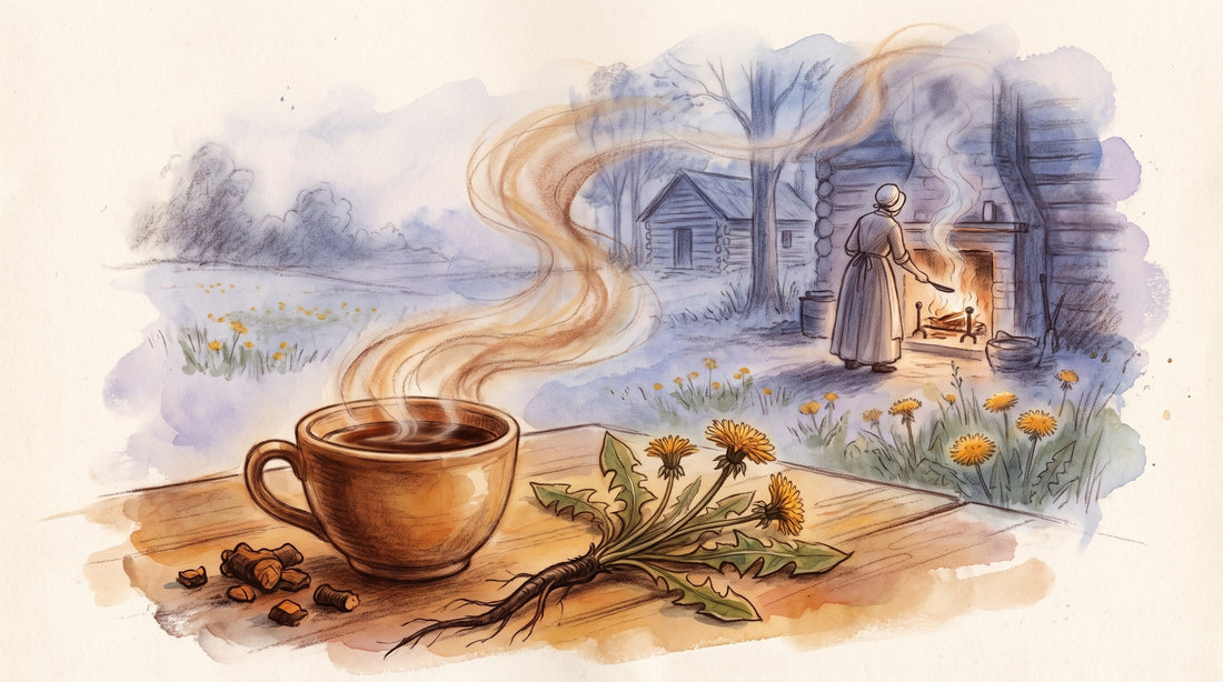 Illustration: A cup of dark roasted dandelion root tea beside a small heap of roasted root pieces and a whole dandelion plant with its long taproot