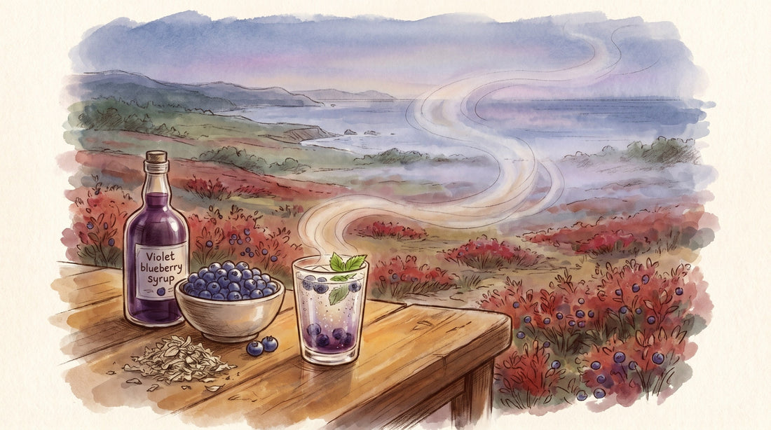 Illustration: A bottle of violet blueberry syrup, a bowl of fresh blueberries, silvery white tea buds and a sparkling drink on a table