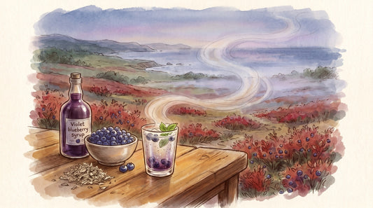 Illustration: A bottle of violet blueberry syrup, a bowl of fresh blueberries, silvery white tea buds and a sparkling drink on a table