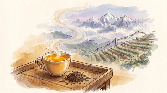 Illustration: A cup of bright amber Nepali second-flush tea and a small heap of twisted leaves on a wooden tray
