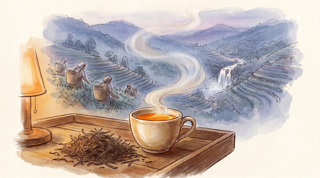 Illustration: A cup of bright Ceylon orange pekoe and a heap of long, wiry black leaves on a wooden tray