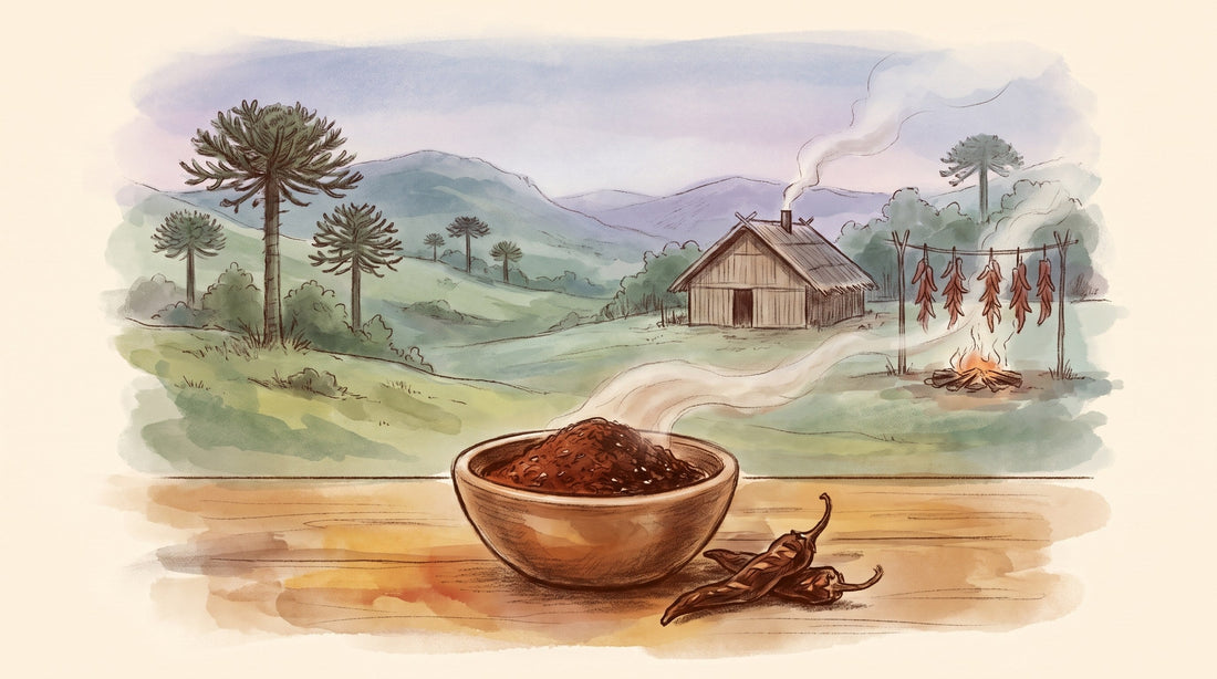 Illustration: A small clay bowl of dark red merkén — smoked chili ground with coriander and salt — beside a few whole dried smoked chilies