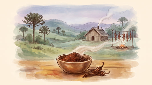 Illustration: A small clay bowl of dark red merkén — smoked chili ground with coriander and salt — beside a few whole dried smoked chilies