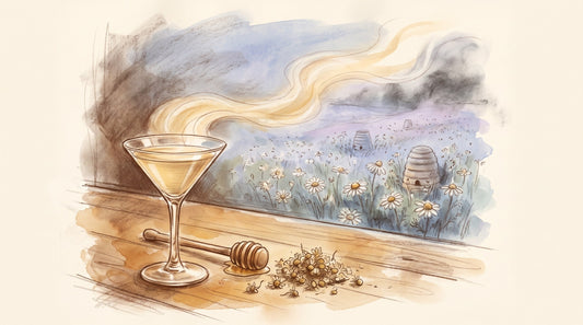 Illustration: A martini glass of pale golden chamomile-honey cocktail, a honey dipper, and a small heap of dried chamomile flowers on a bar