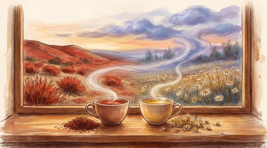 Illustration: A cup of red rooibos tea beside a cup of golden chamomile on an evening windowsill, a heap of each dry tea beside them