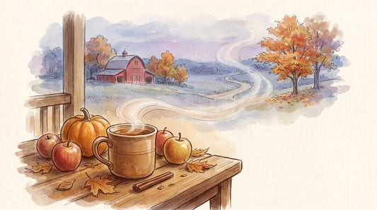 Illustration: A mug of spiced tea, a small pumpkin, apples and a cinnamon stick on a porch table among fallen leaves